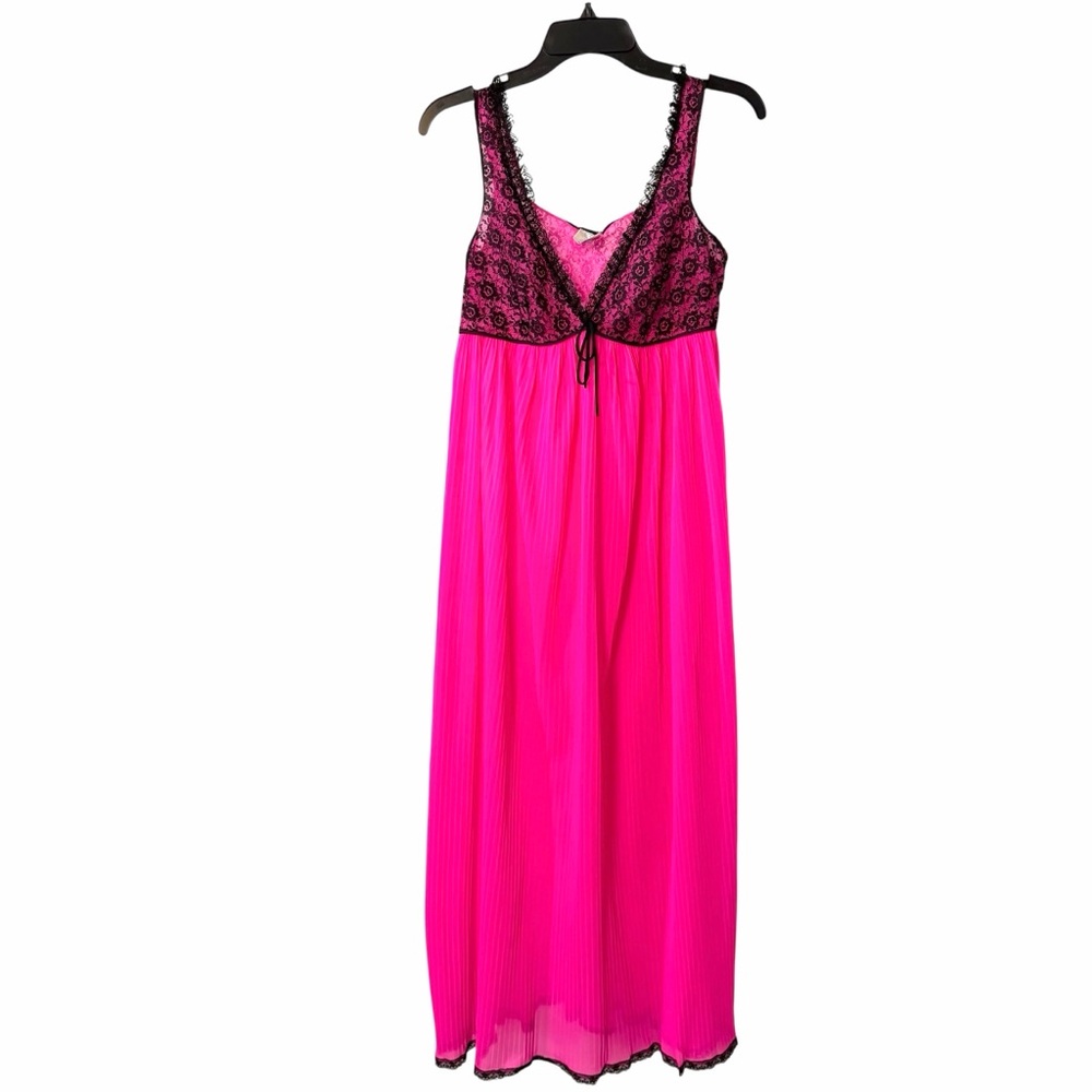 Vintage Hot Pink and Black Lace Nightgown or Slip Dress - Union Made!